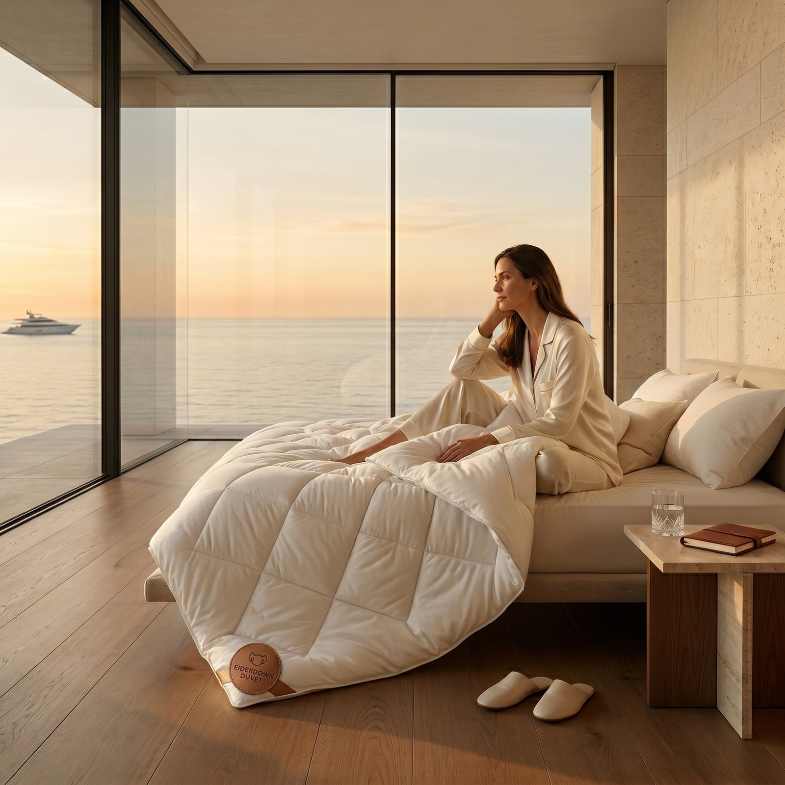 A woman resting on an Eiderdown bed overlooking the ocean at sunset