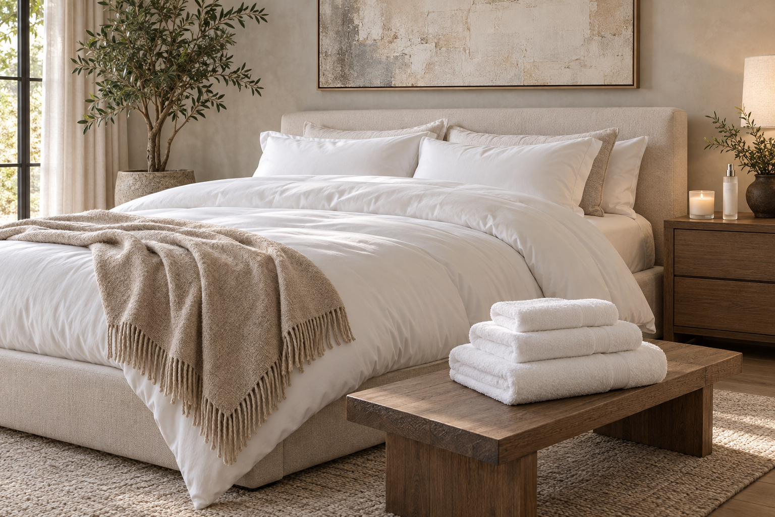 Contemporary bedroom with white pillows and comforter, a fringed cream taupe throw, candle and room spray on the bedside table, and white towels on the bench